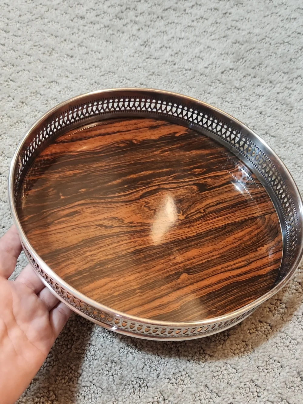 Vintage MCM Sheffield Round Silverplate Tray With Wood Look Formica Surface